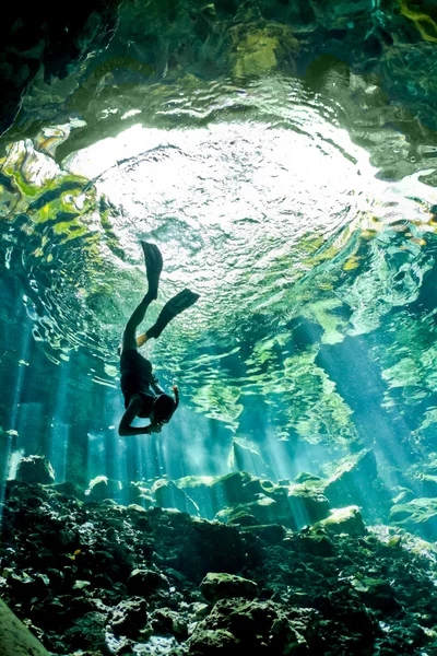 Crystal clear waters of Cenote Dos Ojos with natural light